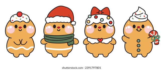 Set of cute gingerbread in various poseson white background.Merry christmas concept.Santa.Sweet,dessert,candy hand drawn.Winter.Kawaii.Vector.Illustration.