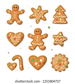 Set of cute gingerbread woman, man, star, tree, heart isolated on white background. New year and Christmas cookies decorations. Vector illustration.