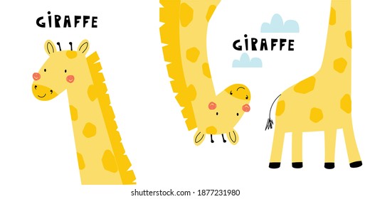 set with cute giraffe isolated on white background. Vector illustration in a modern cartoon style, for printing on packaging paper, postcard, poster, banner, clothing. Cute children's background.