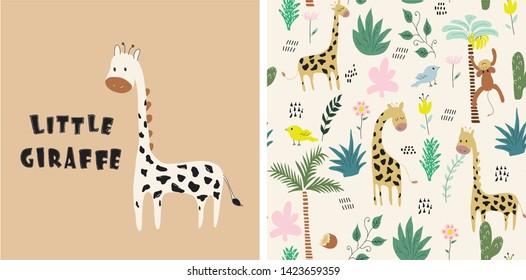 set of cute giraffe print and seamless pattern with giraffes.vector