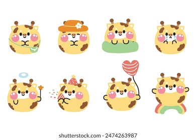 Set of cute giraffe round shape pastel in various poses and feeling on white background.Wild animal character cartoon design collection.Kawaii.Vector.illustration.