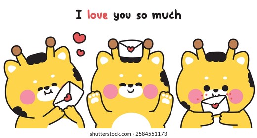 Set of cute giraffe in various poses with love paper mail.Valentines day.I love you.Wild animal character cartoon.Image for card,sticker,baby clothing,print screen.Kawaii.Vector.Illustration.