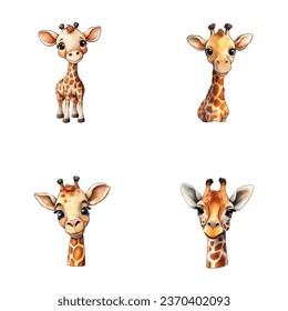 set of cute giraffe watercolor illustrations for printing on baby clothes, sticker, postcards, baby showers, games and books, safari jungle animals vector