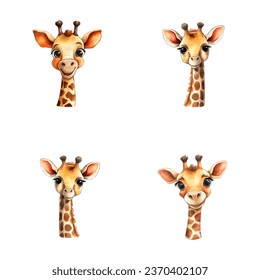 set of cute giraffe watercolor illustrations for printing on baby clothes, sticker, postcards, baby showers, games and books, safari jungle animals vector