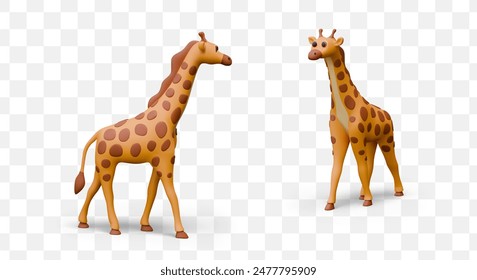 Set of cute giraffes in plasticine style. Tall wild herbivore. Spotted animal of savannah