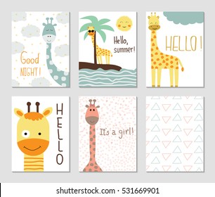 Set of cute giraffes and seamless pattern. Good night. Hello, summer. It's a girl. Hello.  Vector. EPS 10.
