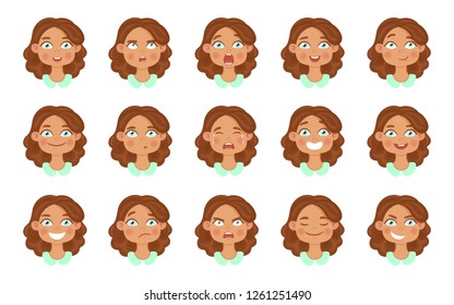 Set Of Cute Girl Avatar Expressions Face Emotions. Flat Cartoon Colorful Vector Illustration.