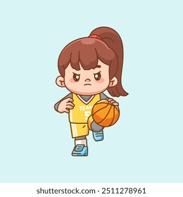 set Cute girl  basketball player play basket character chibi kawaii mascot illustration outline style design