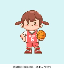 set Cute girl  basketball player play basket character chibi kawaii mascot illustration outline style design