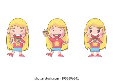 Set of cute girl with boba kawaii Premium Vector
