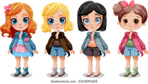 Set of cute girl cartoon character illustration