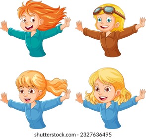 Set of cute girl cartoon character illustration