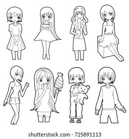 set of cute girl cartoon drawing sketch in black line vector on a white background