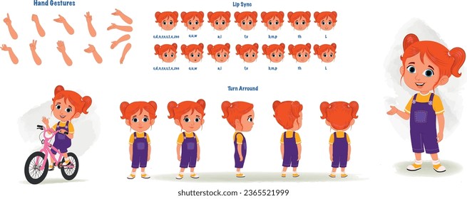 Set of cute girl character design. Character Model sheet. Front, side, back view animated character. Cute girl character creation set with various views, poses and gestures. Cartoon style, flat vector