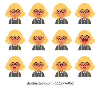 Set of cute girl character in different face. Happy girl with her yellow hair and circle glasses. Vector illustration of a flat design.