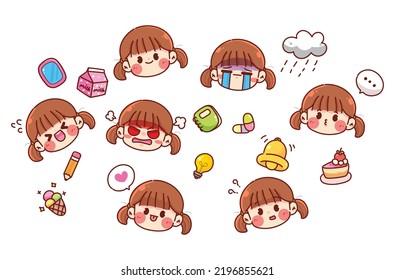 Set of cute girl character icon sticker element symbol cartoon art illustration