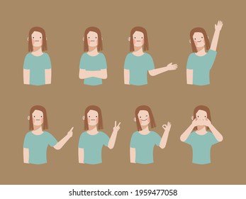 Set of cute girl character pose. flat cartoon hand drawn vector.