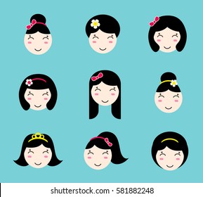 Set of cute girl characters with different hairstyles. Anime style. Kawaii asian girls with long and short hair. Flat avatar and web site icons for beauty salon. Vector EPS10 illustration.