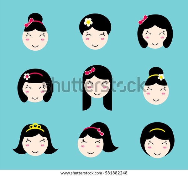 Set Cute Girl Characters Different Hairstyles People Signs