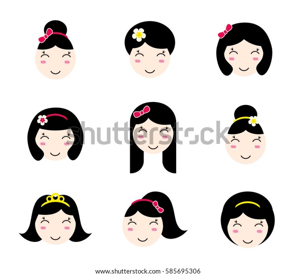 Set Cute Girl Characters Different Hairstyles Stock Vector