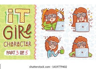 Set of cute girl characters working on laptop computer. Hand drawn doodle illustration for web, stickers, emoji, emoticons. Part 3 of 5