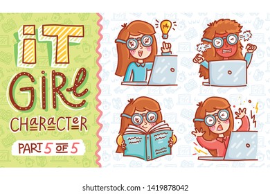 Set of cute girl characters working on laptop computer. Hand drawn doodle illustration for web, stickers, emoji, emoticons. 