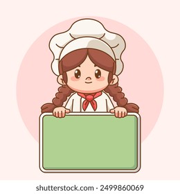 set Cute girl chef cook hold blank space board banner kawaii chibi character mascot restaurant cafe logo