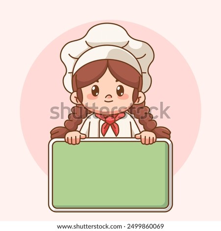 set Cute girl chef cook hold blank space board banner kawaii chibi character mascot restaurant cafe logo