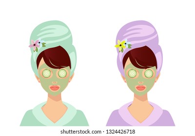 Set Of Cute Girl In Clay Mask Pack And Cucumbers On Eyes. Spa Woman With Towel On Head In Green And Purple Bath Robe Isolated On White Background. Skincare Cosmetics. Cartoon Flat Vector Illustration.