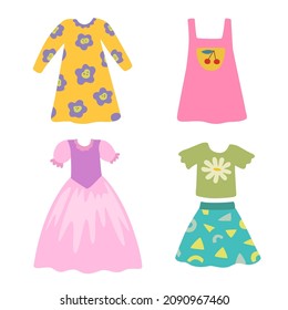 Set of cute girl clothes in doodle cartoon style. Vector clip art of dress for design. 