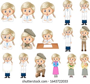 Set of cute girl doing different activities on white background illustration