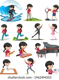 Set of a cute girl doing different activities illustration