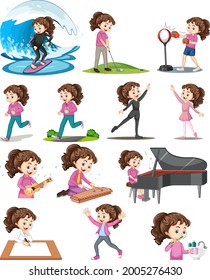 Set of a cute girl doing different activities illustration