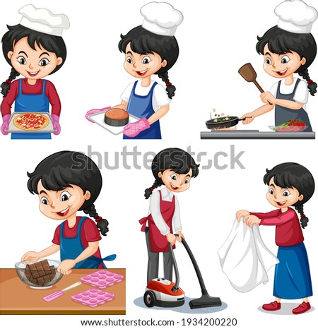 Set of a cute girl doing different activities illustration