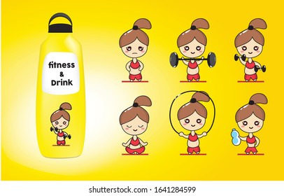 Set of cute girl doing fitness with yellow bottle packaging mockup vector