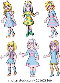 Set of cute girl dolls. Color vector illustrations.
