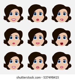 Set of cute girl emoticons. Vector illustration.