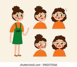 A set of cute girl emotions. The child's face expresses anger, sadness, surprise, embarrassment. A teenage girl waves her hand. Cartoon vector illustration.