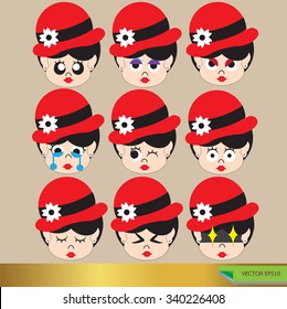 Set of cute girl face vector showing emotion.