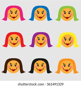 Set of cute girl faces with different color hair. Colorful female smile flat design icons.