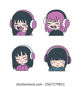 Set of Cute Girl Gamer Anime Cartoon Character Wearing Headset with Sad Expression