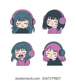 Set of Cute Girl Gamer Anime Cartoon Character Wearing Headset with Sad Expression