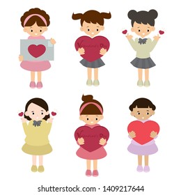 set of cute girl with heart. vector illustration 