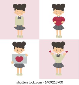 set of cute girl with heart. vector illustration