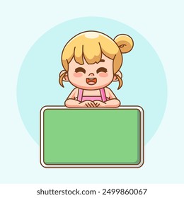 set Cute girl hold blank space board banner kawaii chibi character mascot illustration outline style
