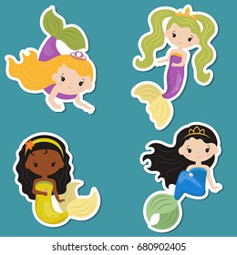 Set of cute girl mermaids stickers. Mermaids made in cartoon style.