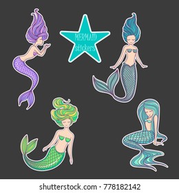 Set of cute girl mermaids stickers. Mermaids made in cartoon style.