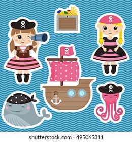 Set of cute girl pirate and pirate objects.