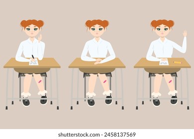 Set Cute girl with red hair sitting at a school desk in school class in different poses. Back to school edition. Flat vector
