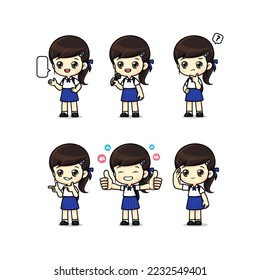 Set of cute girl student in school uniform mascot character isolated vector for illustration